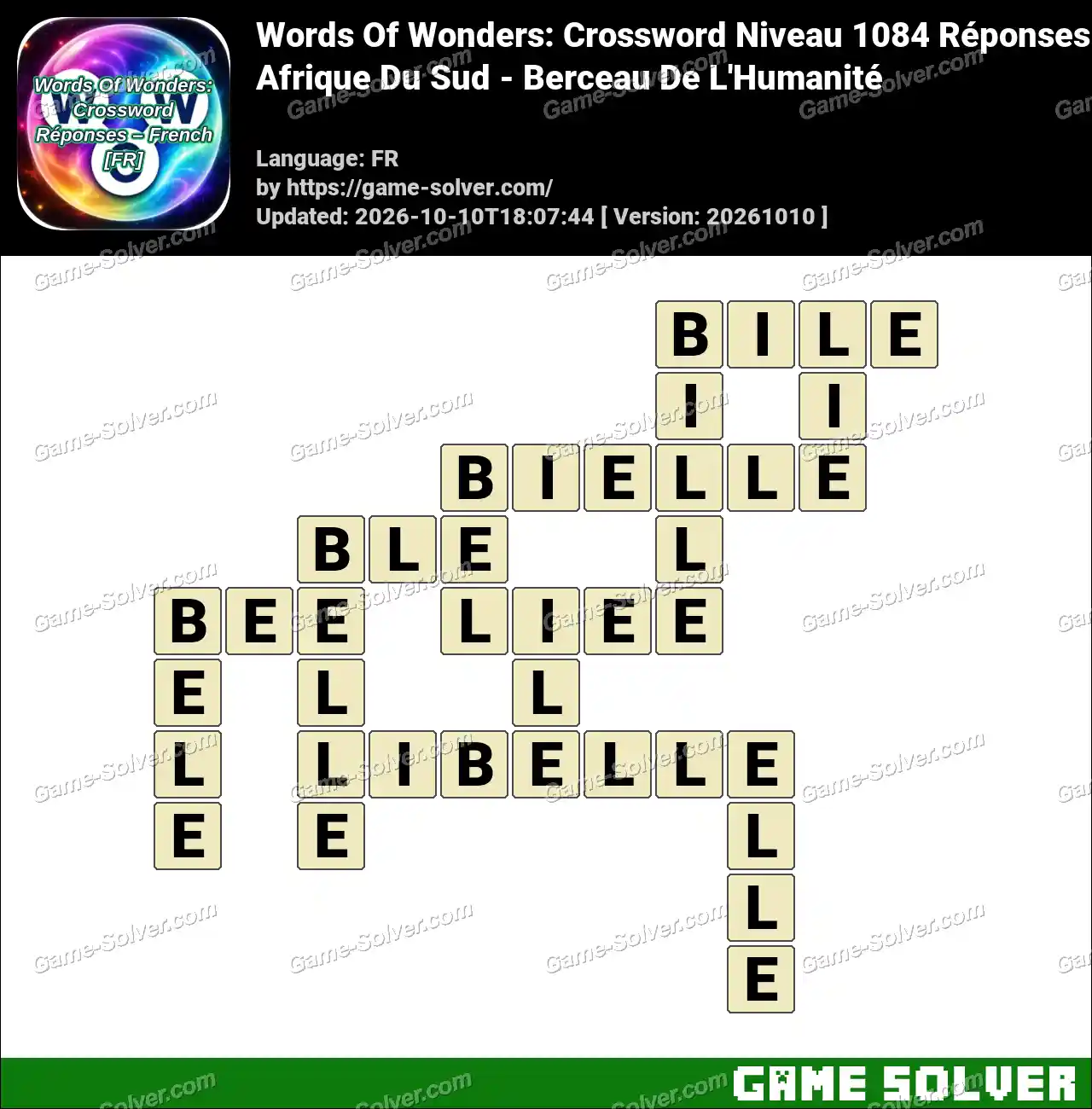 Words Of Wonders: Crossword Niveau 1084 Réponses – Afrique Du Sud – Berceau De L’Humanité